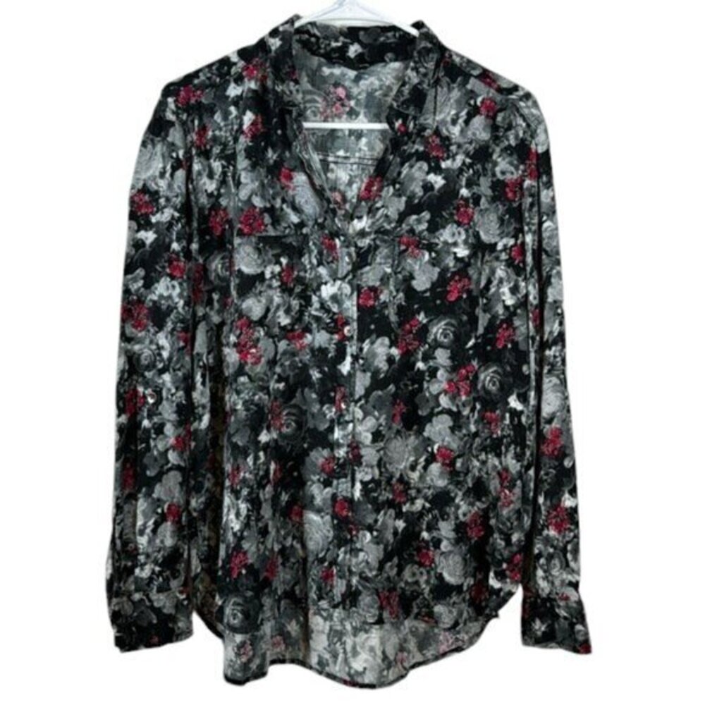 Rock & Republic Black Printed Button Down Blouse Size Large EUC #VEG-0129